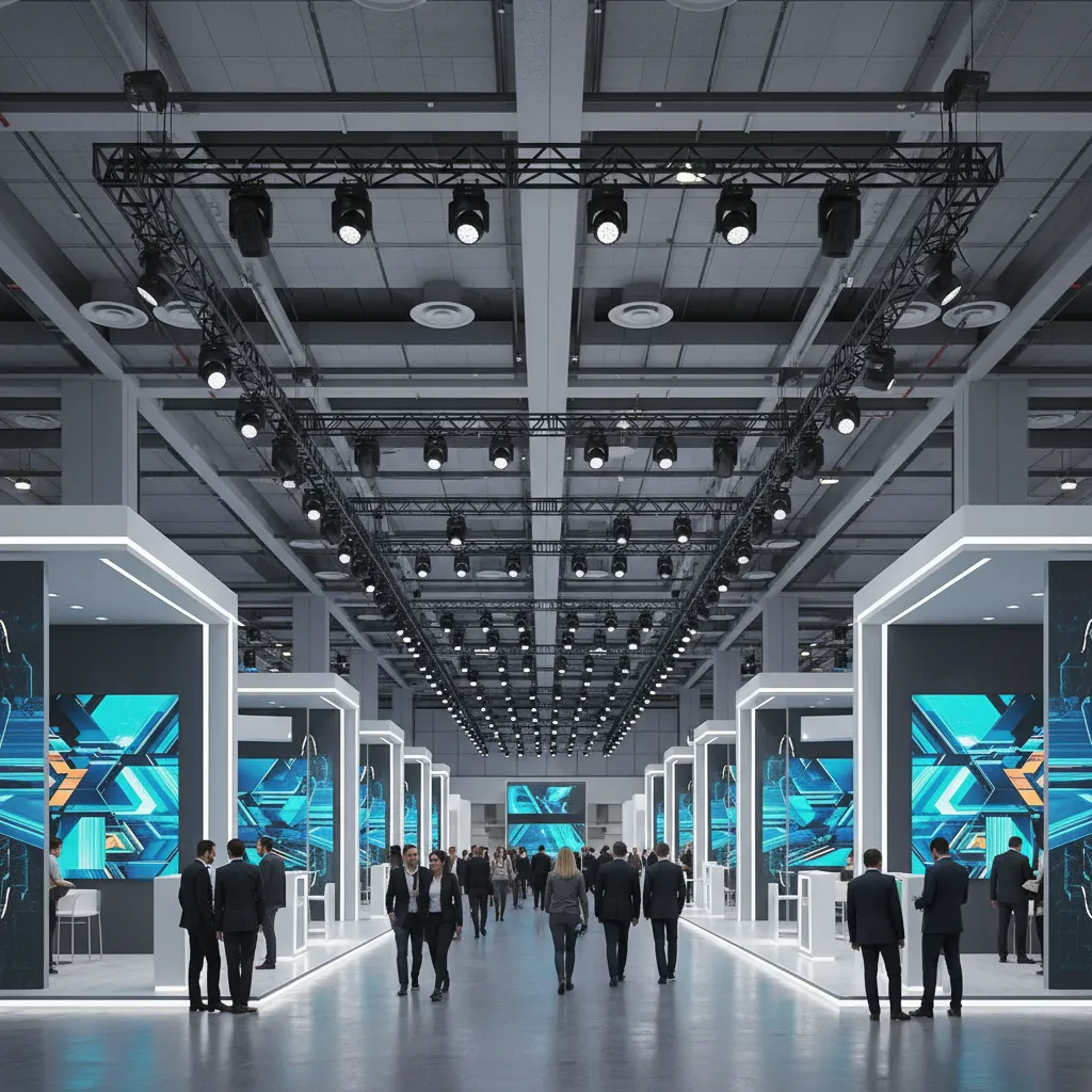 eye level camera perspective inside a 3D exhibition hall rendering