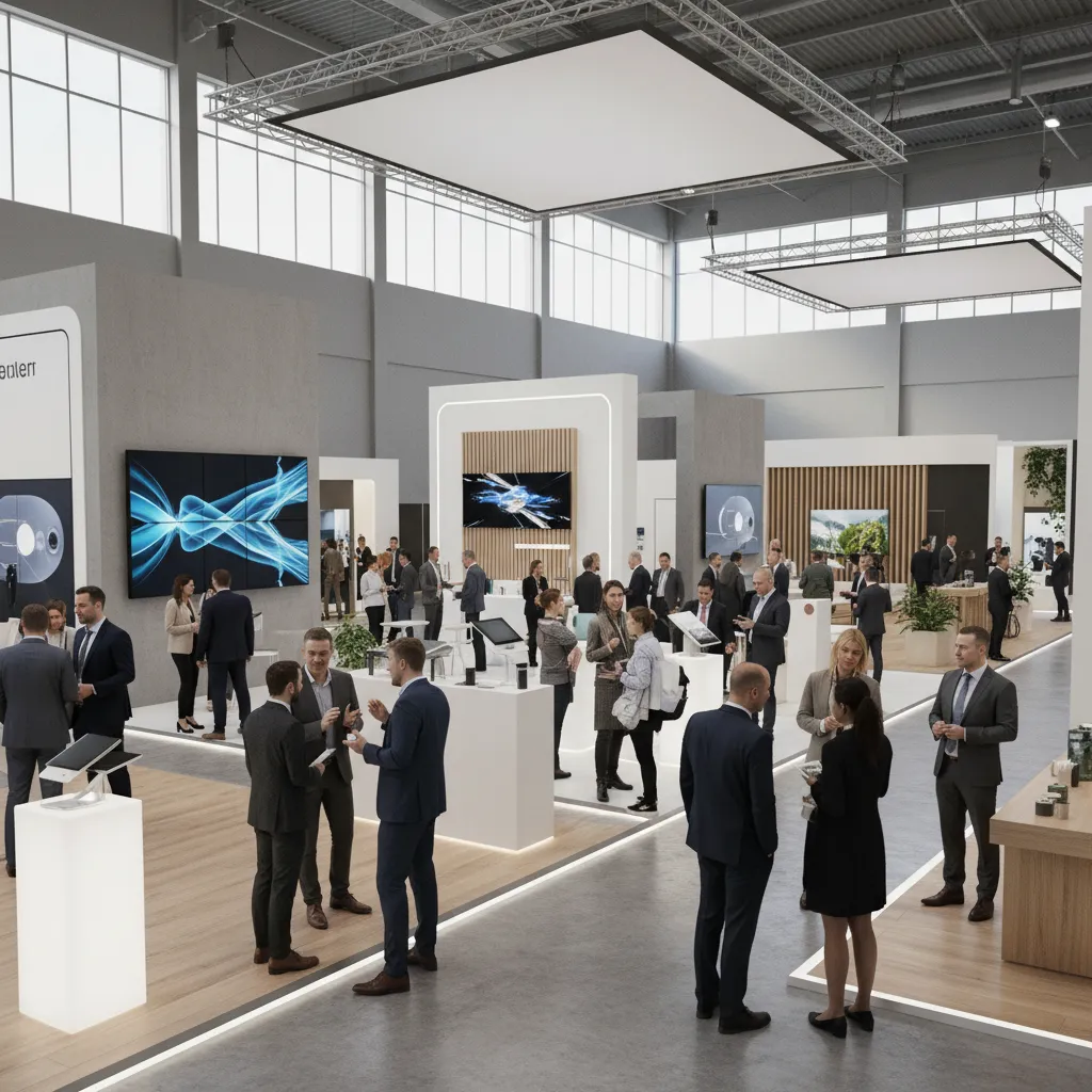 exhibition hall render with visitors interacting with booths to show realistic scale