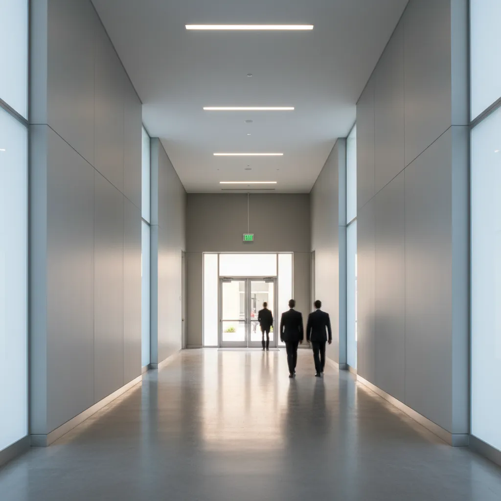 wide fire safety corridor leading to emergency exit door