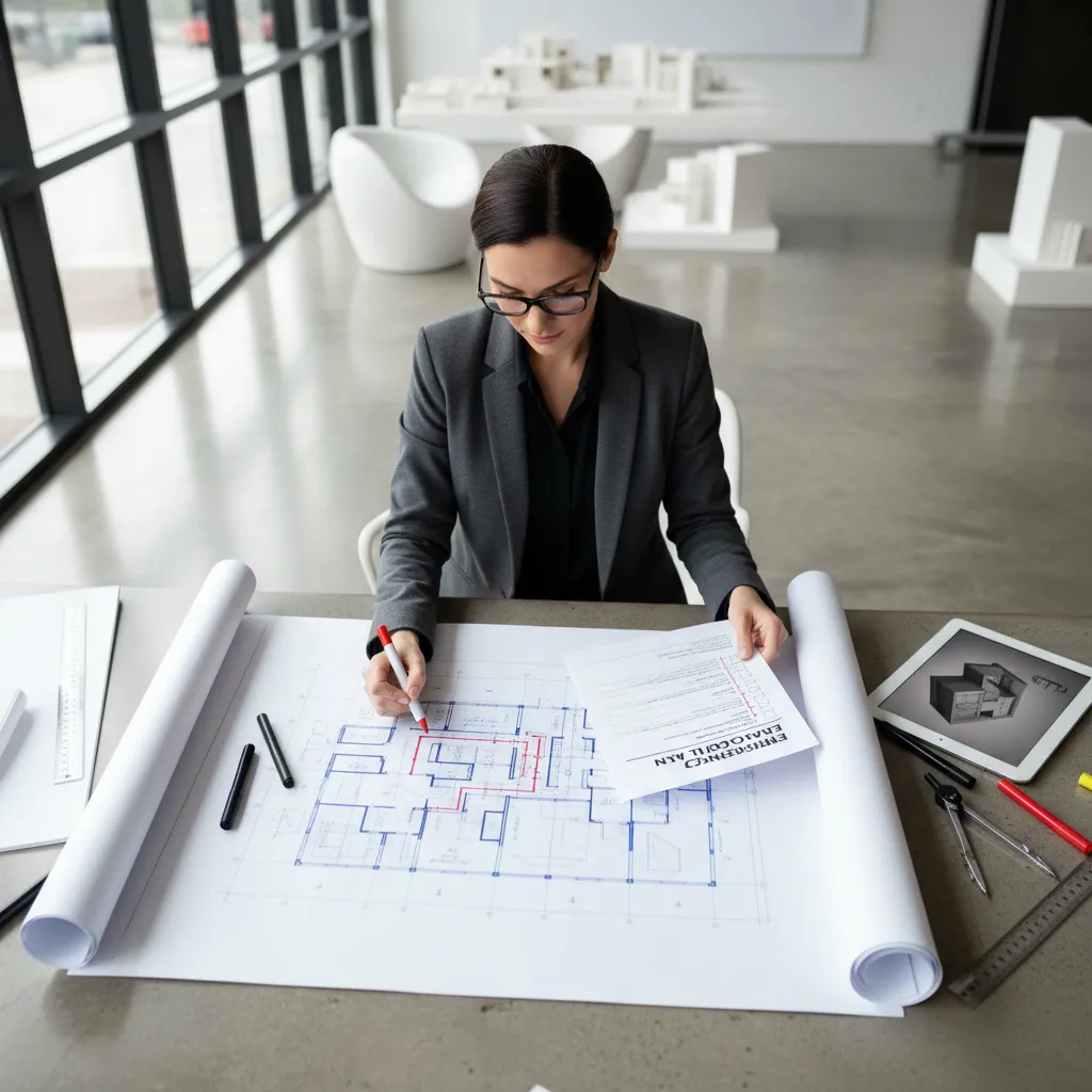 architect reviewing building floor plan and evacuation checklist