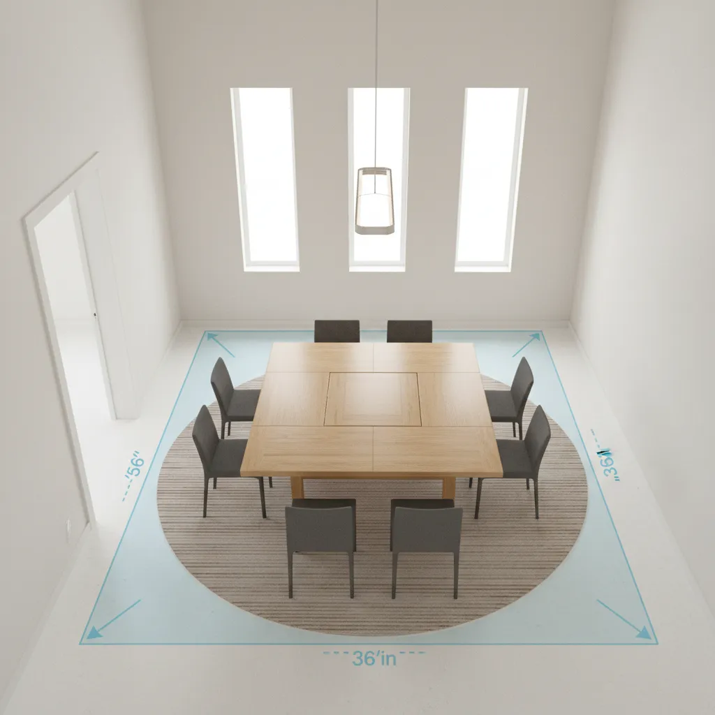 Top view diagram showing clearance space around an extended square dining table