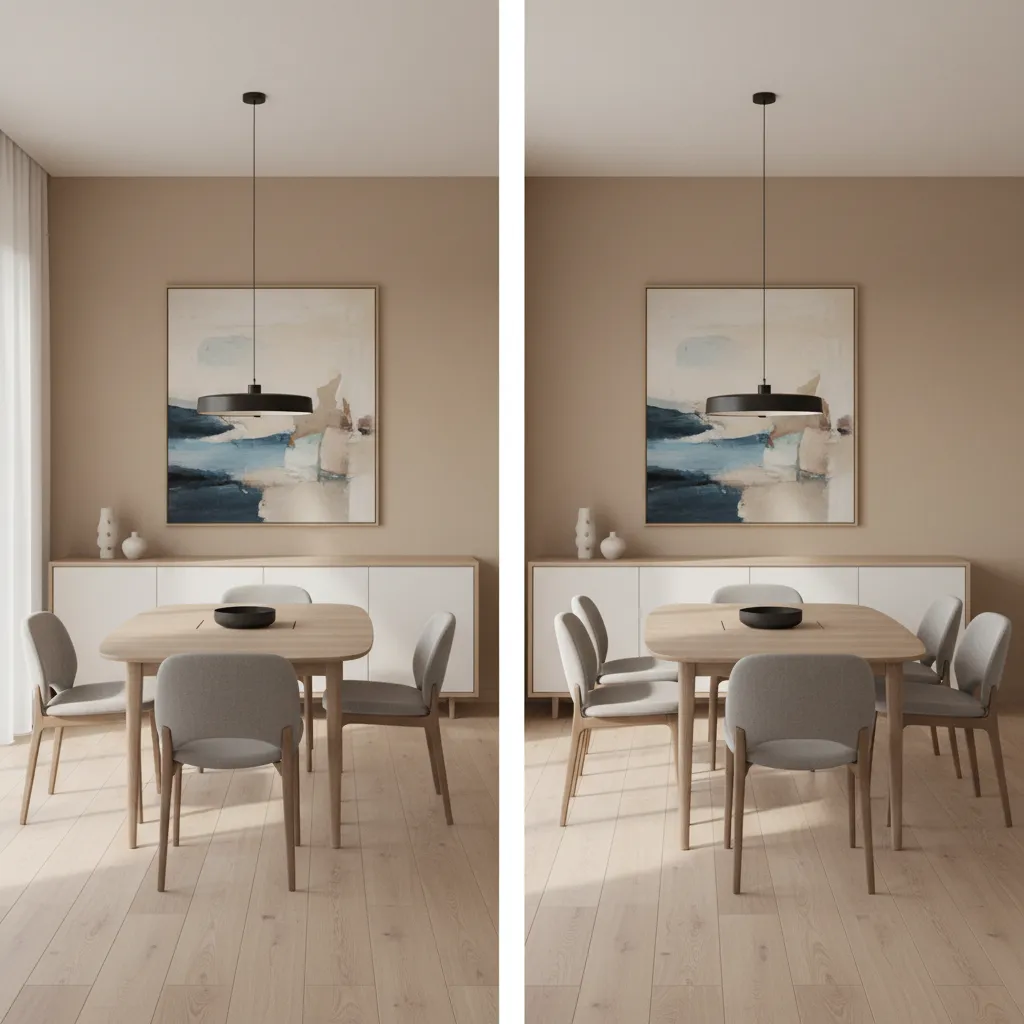 expandable dining table shown in compact and extended configurations