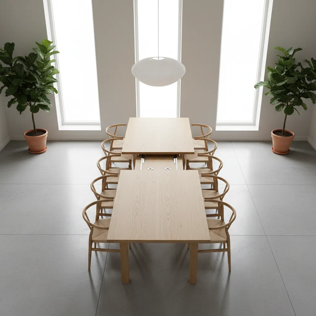 Expandable dining table opened with removable center leaf placed in position