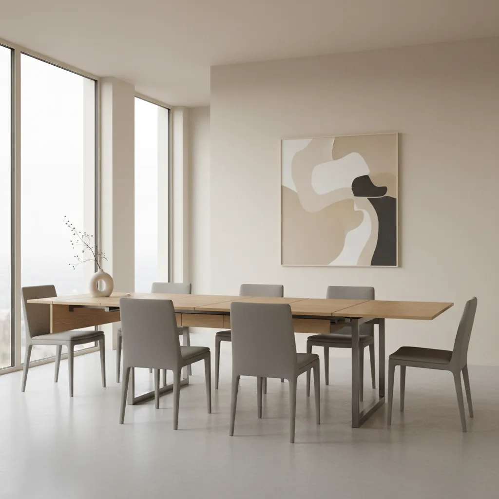 Expandable narrow dining table transforming from console to full dining table