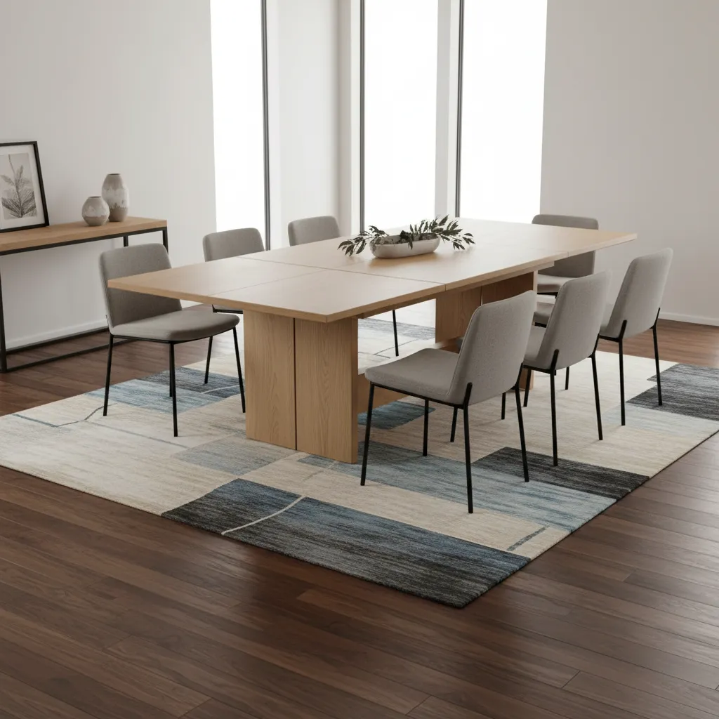 Expandable dining table showing center support leg deployed for stability