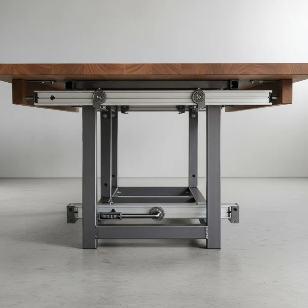 underside metal frame structure supporting expandable dining table