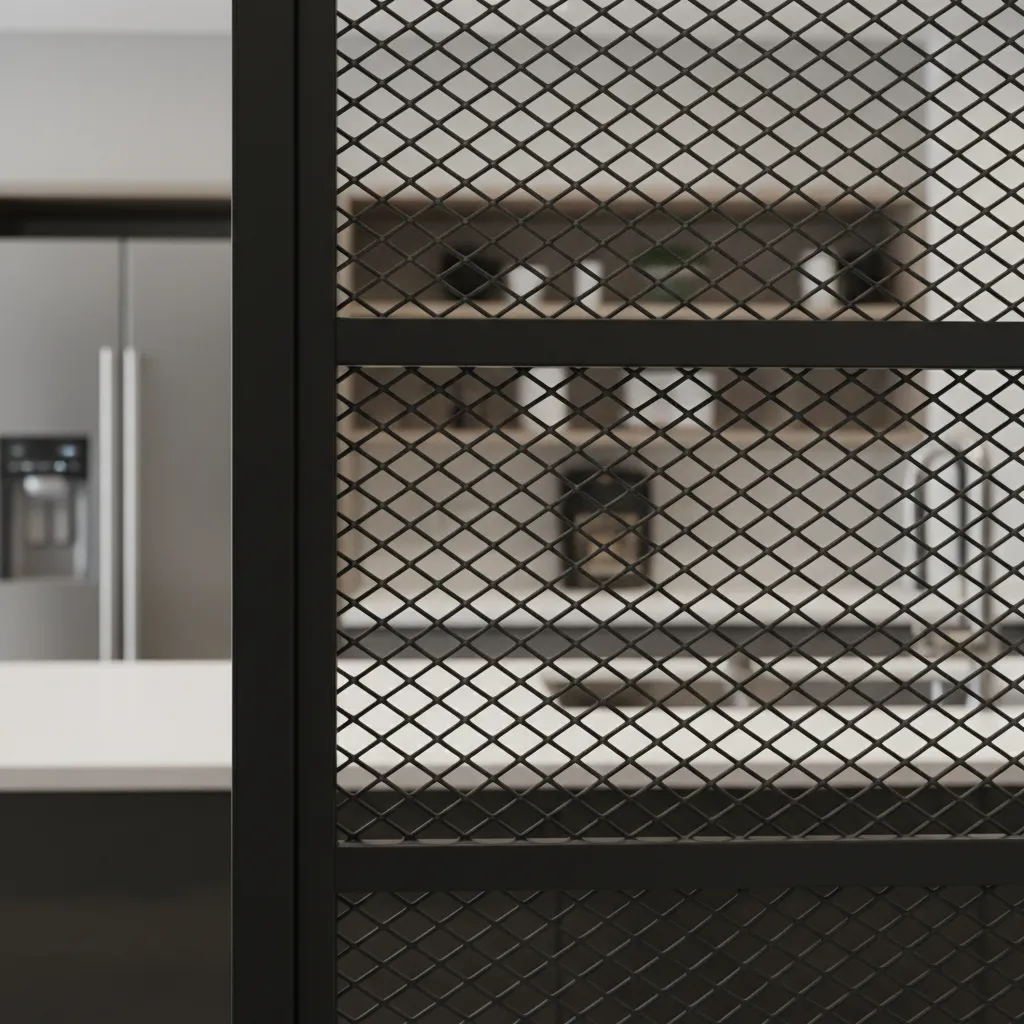 close view of expanded metal mesh cabinet door pattern