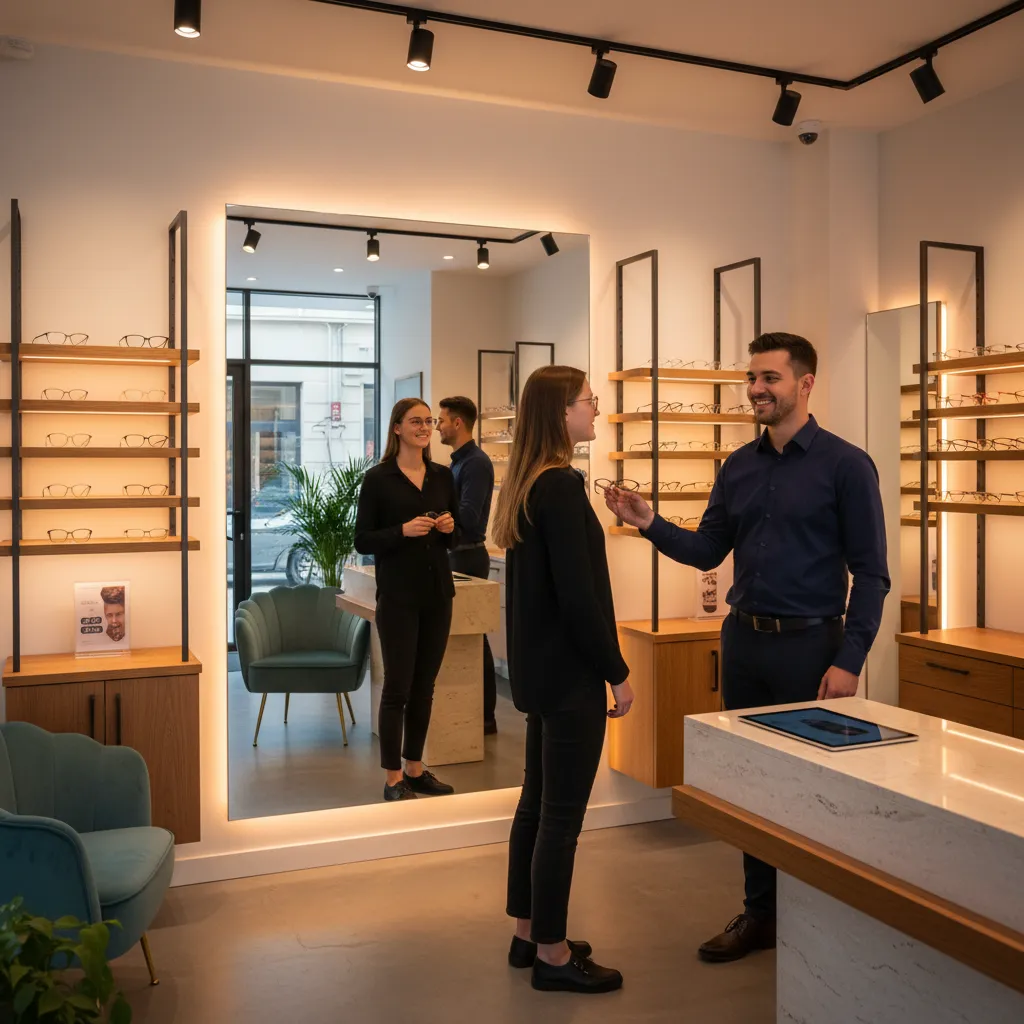 Cliente probándose gafas en una óptica moderna pequeña