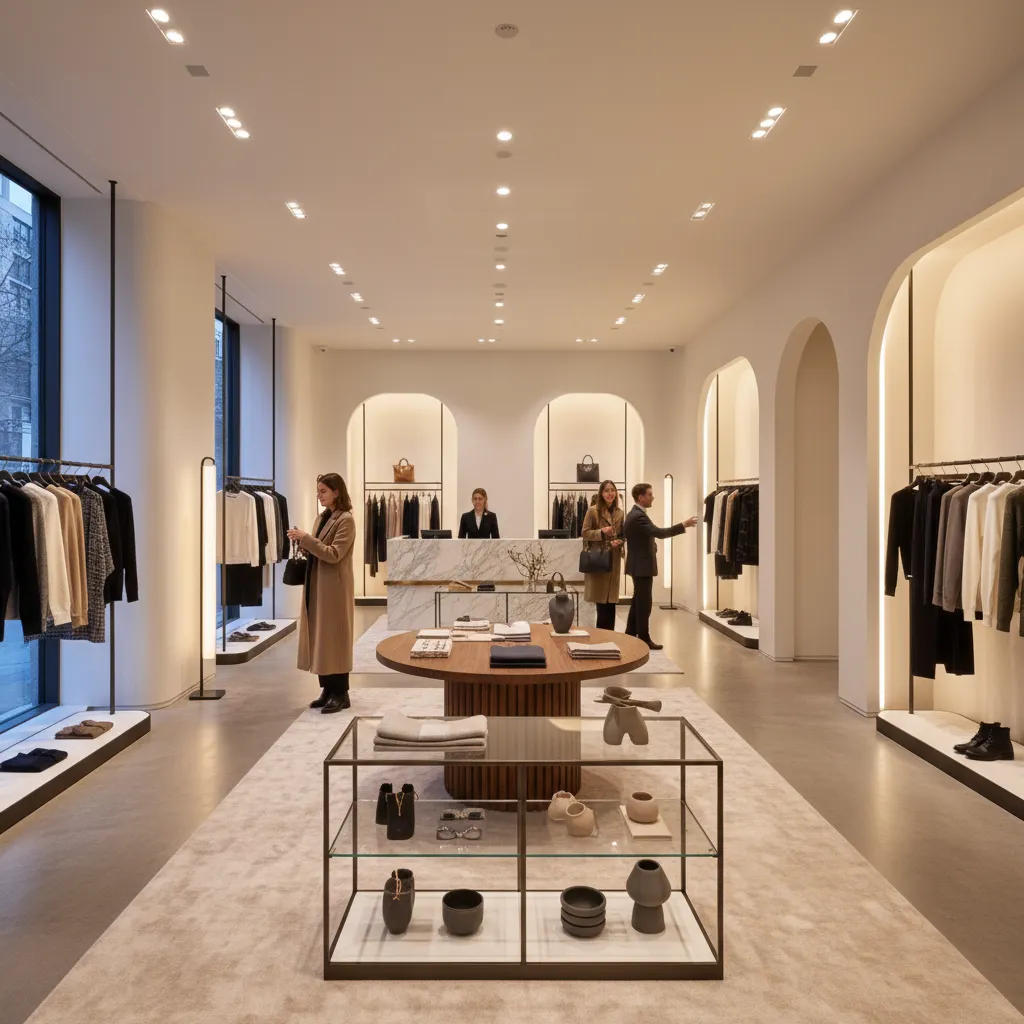 Customers shopping inside a luxury clothing store with arched wall displays marble counter and lighting