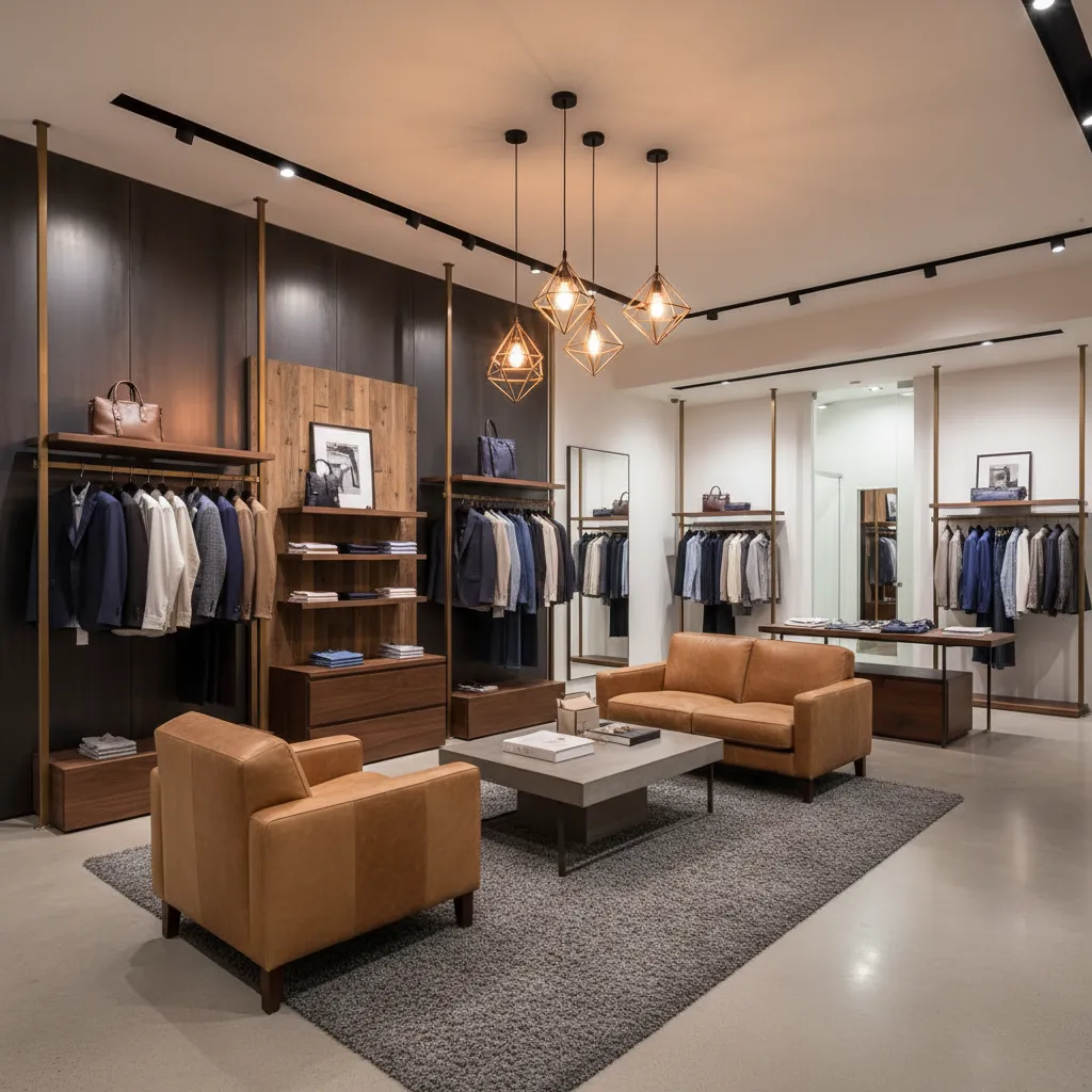 Menswear retail store with lounge seating and experiential retail space