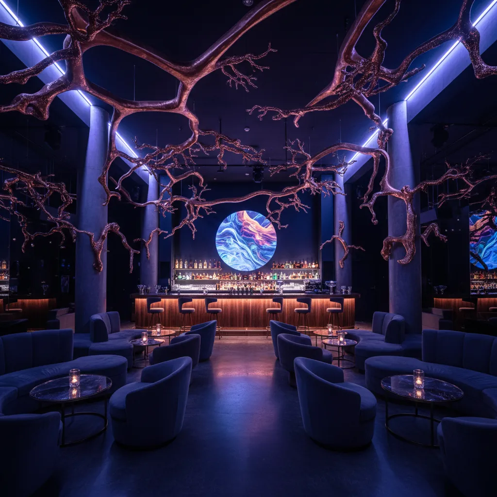 Experiential themed bar interior with dramatic lighting and immersive decor