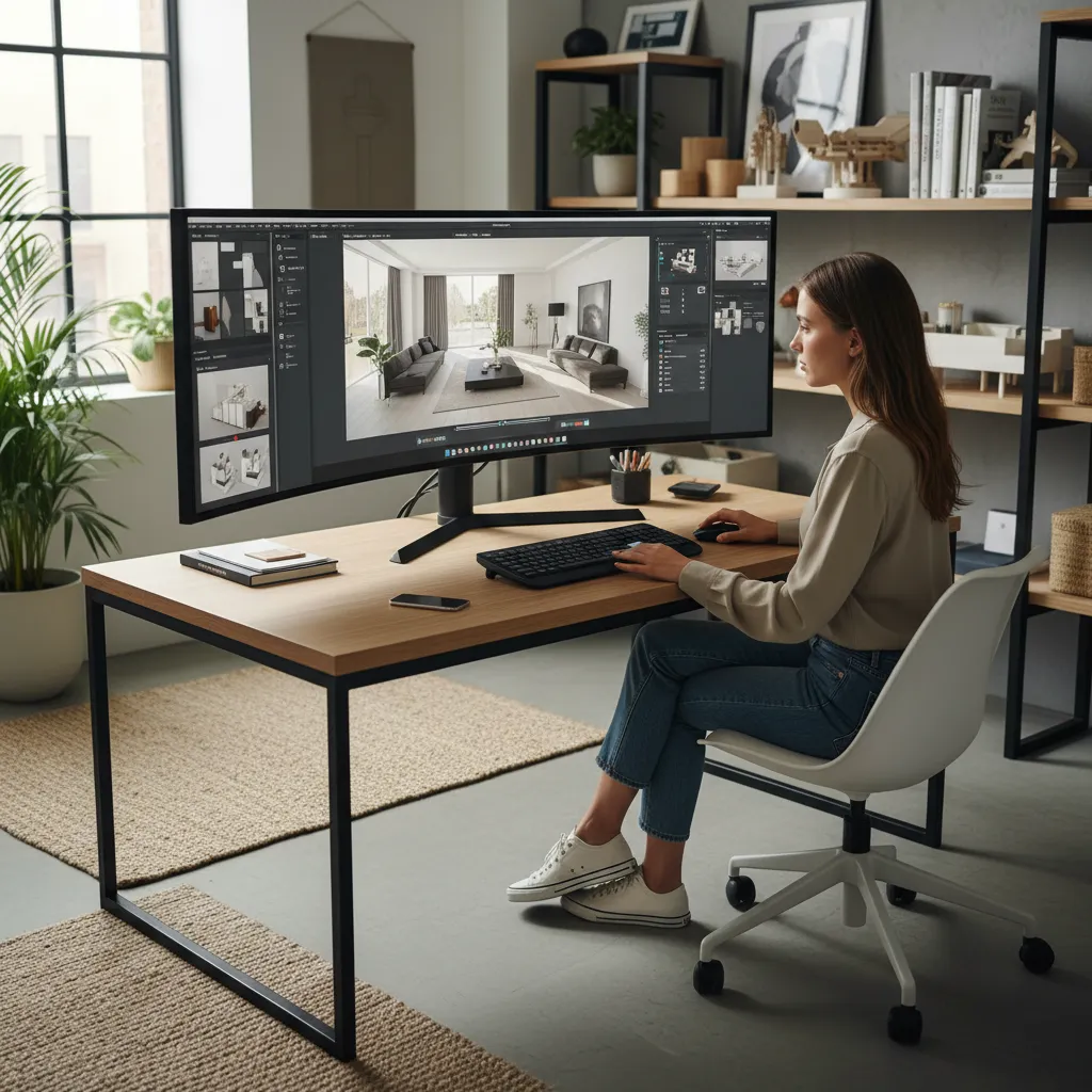 Diseñador experimentando con diferentes distribuciones de un espacio en un software de diseño