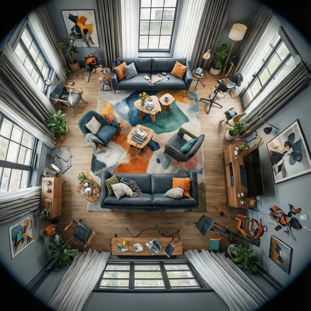 Plano conceptual de una habitación con distribución experimental de muebles