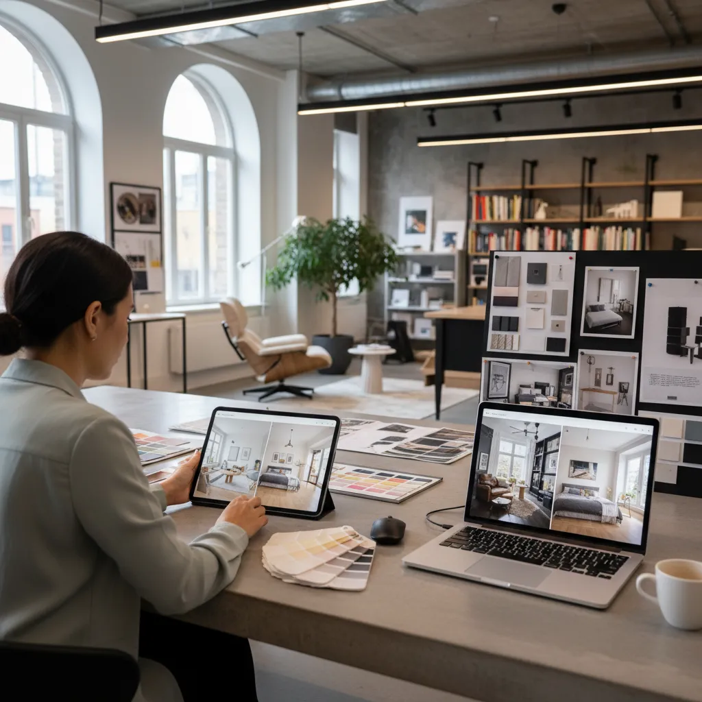 Designer using tablet and laptop to view room design drawings with color swatches in studio
