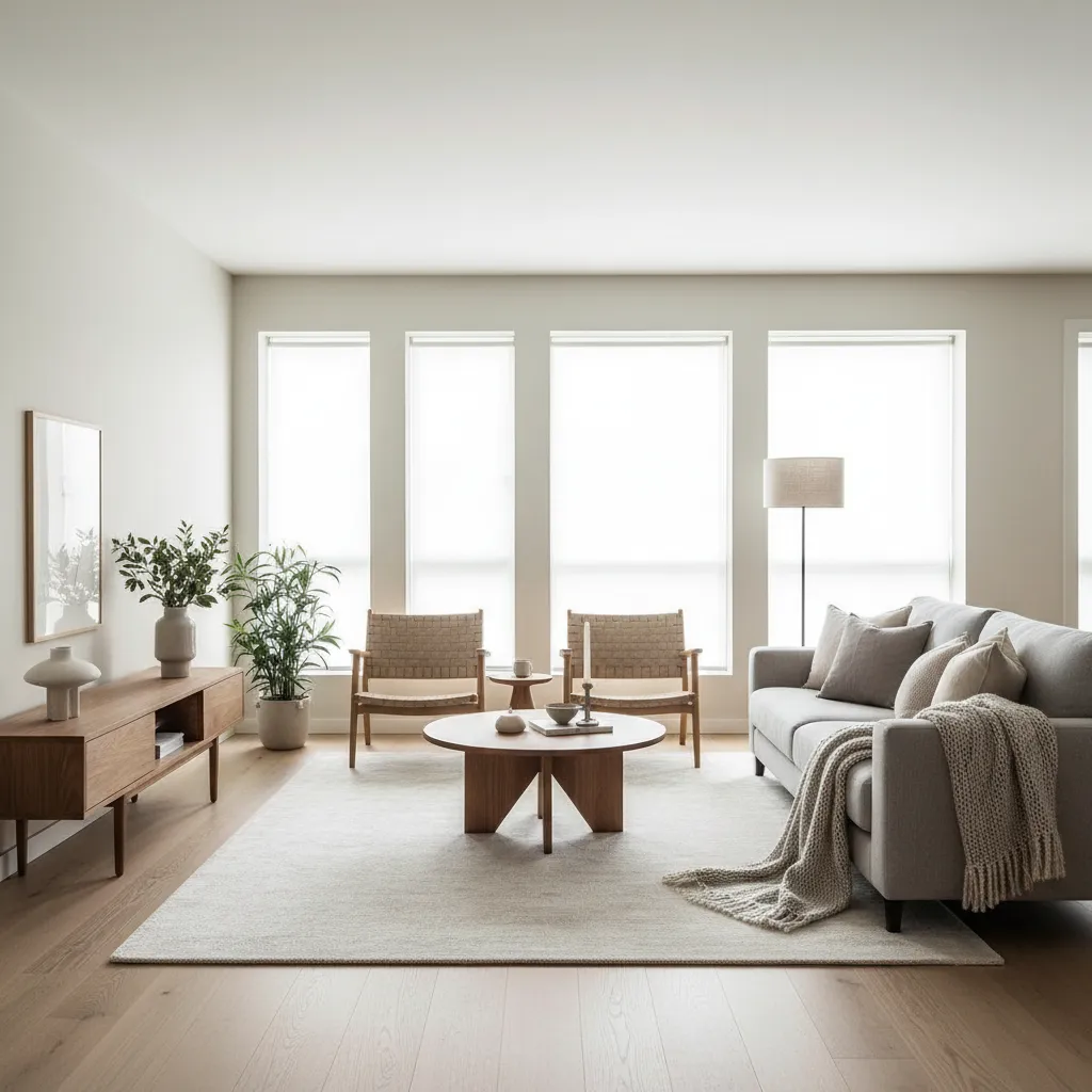 Sala moderna con mezcla de elementos minimalistas y escandinavos