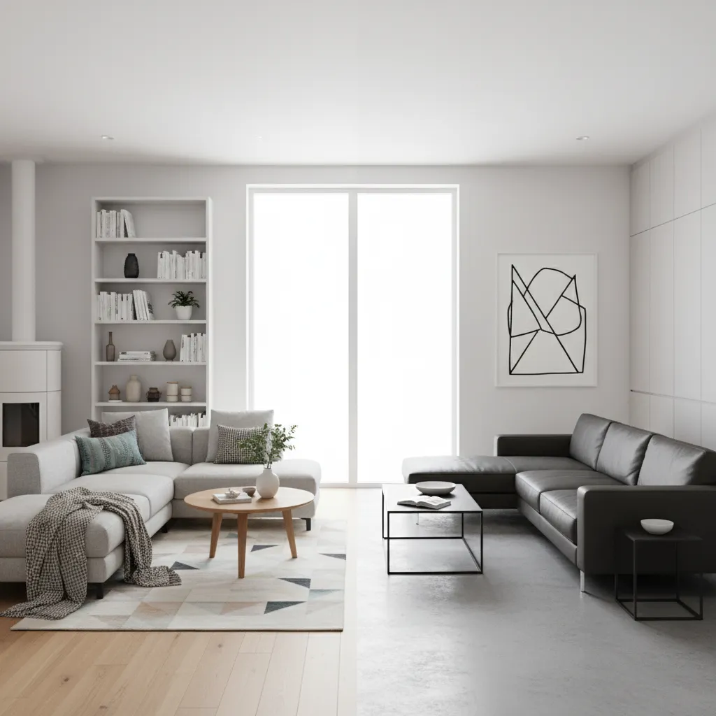 Side by side comparison of light cozy living room versus a dark modern interior layout design