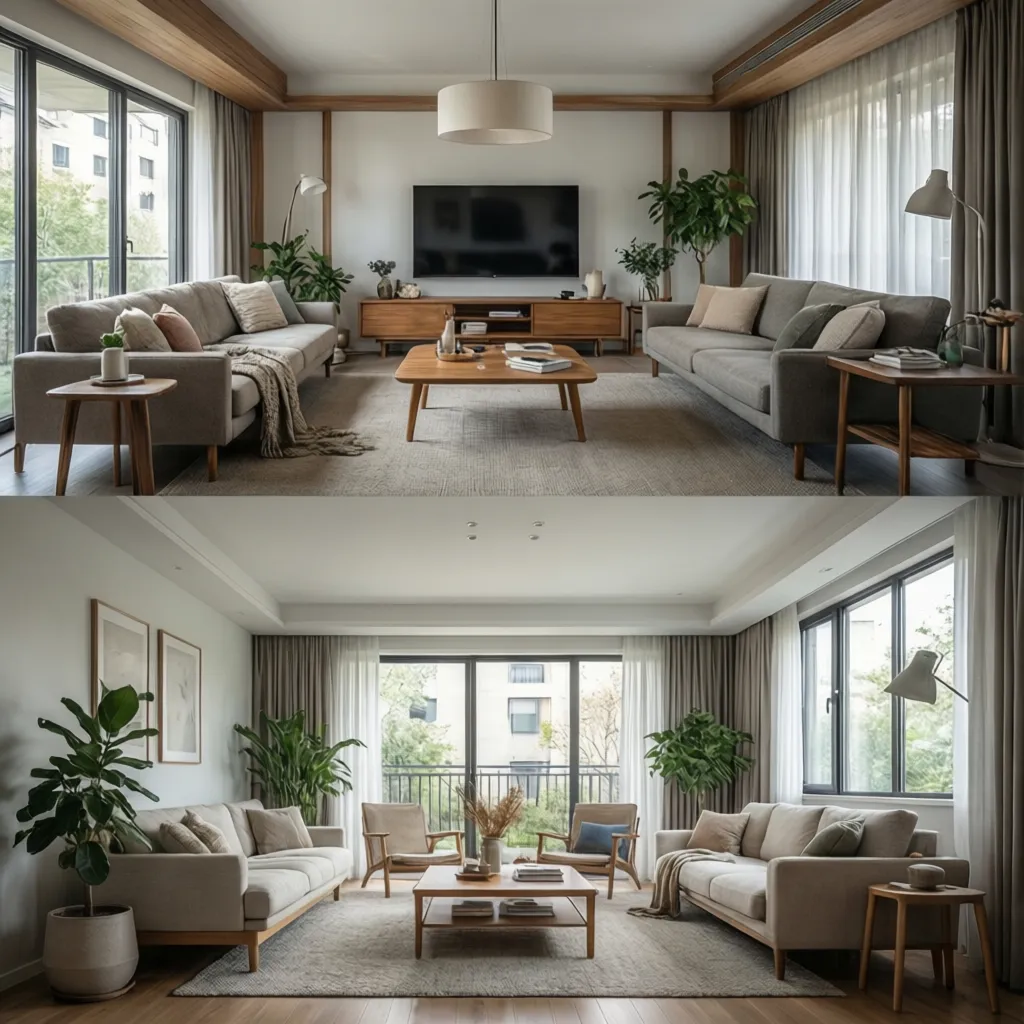 Variaciones de estilo de una misma sala mostrando diferentes decoraciones