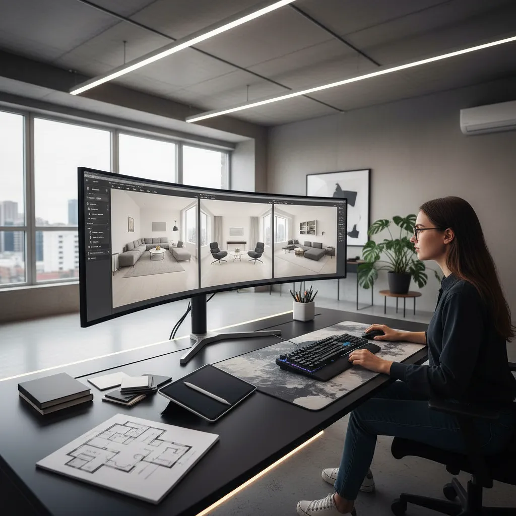 Persona probando diferentes distribuciones de muebles en un simulador