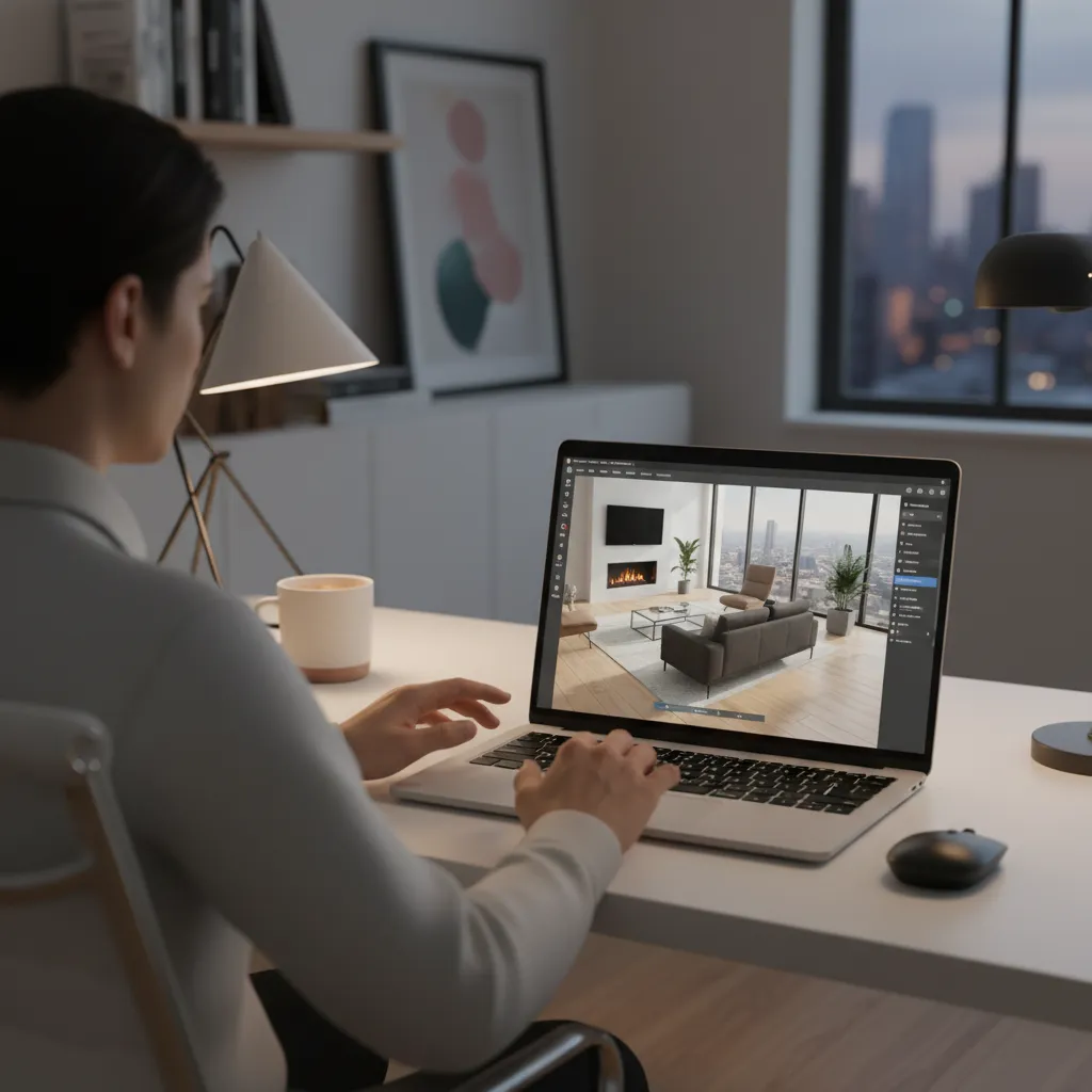 Persona probando diferentes muebles en un planificador de habitaciones digital