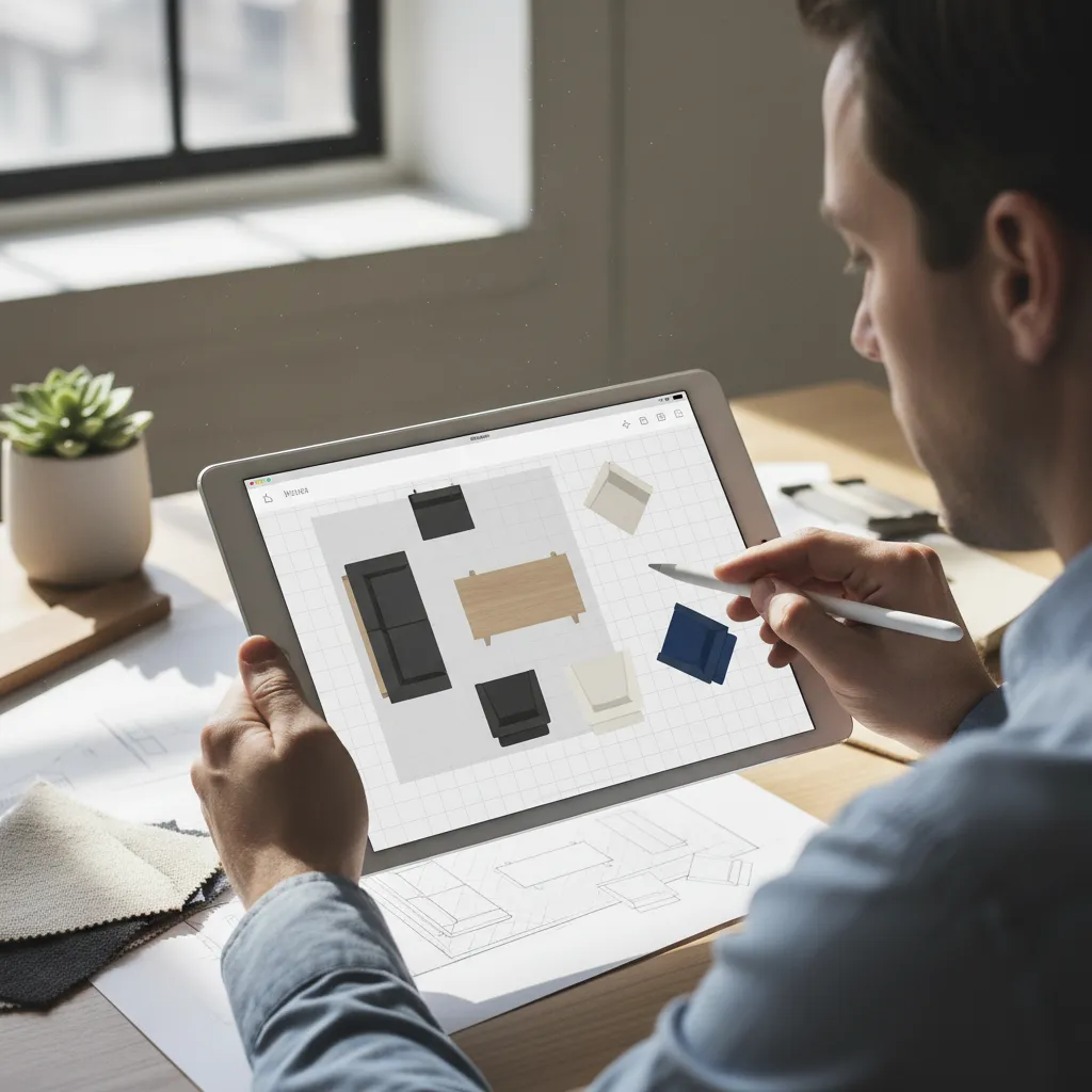 Persona reorganizando muebles en un plano digital de habitación