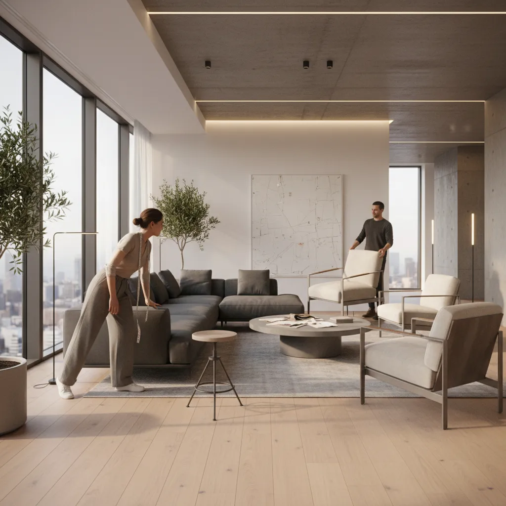 Diseñador probando diferentes distribuciones de muebles en una habitación