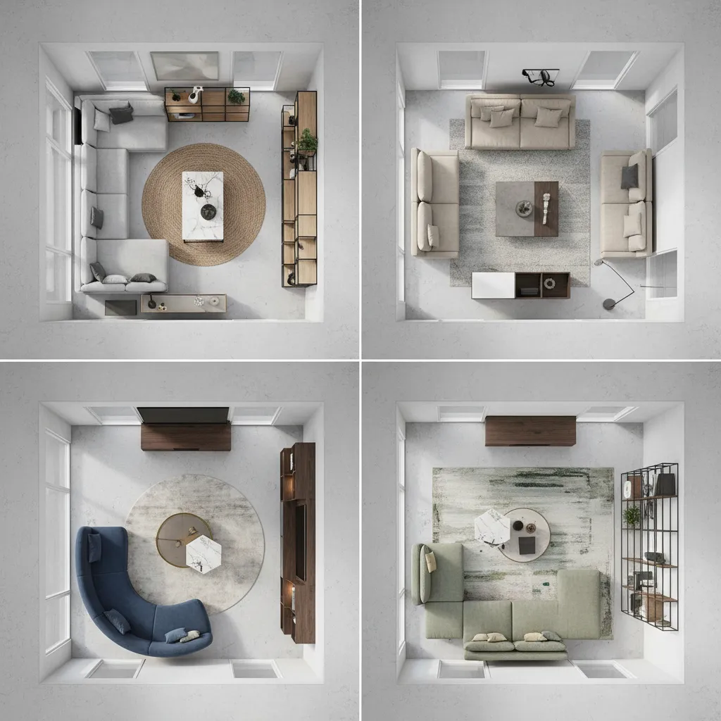 diferentes distribuciones de muebles en una habitación