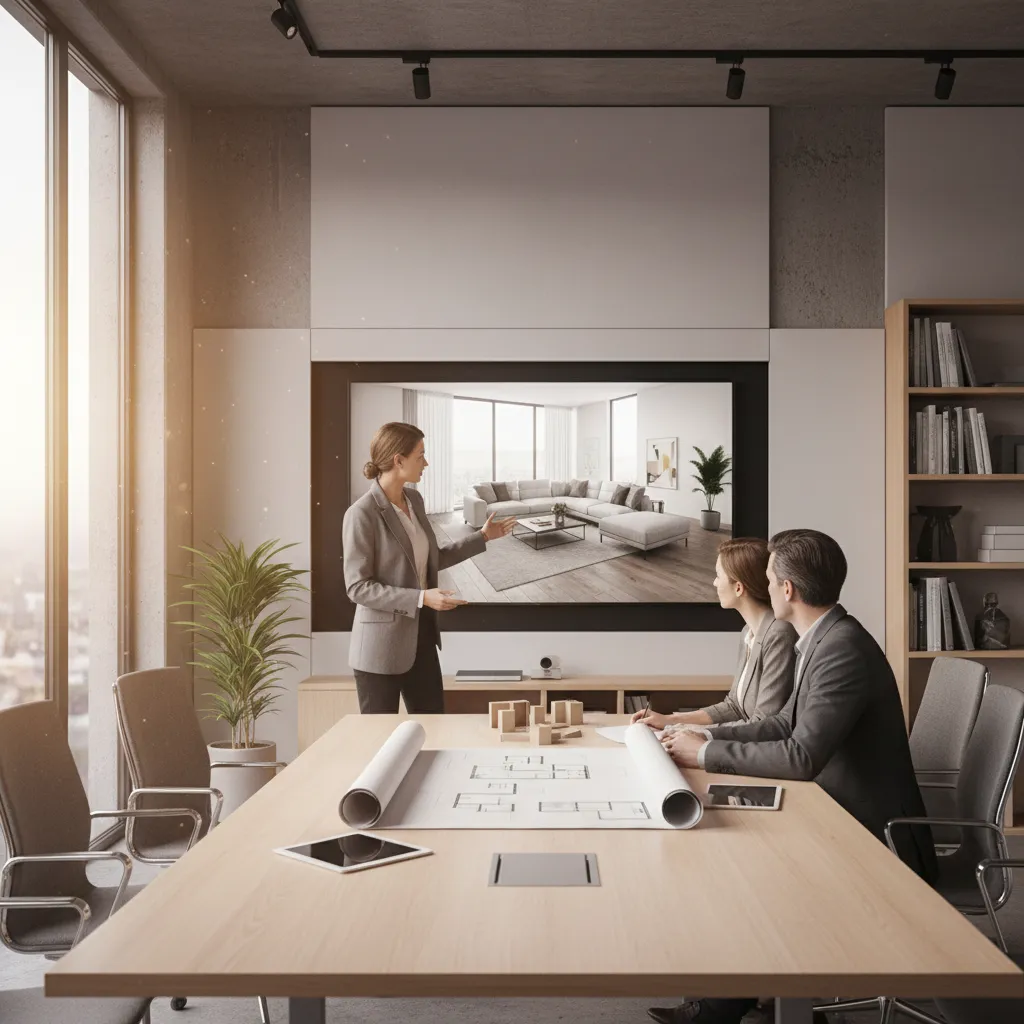 Designer presenting a living room interior design drawing to clients in a modern office room