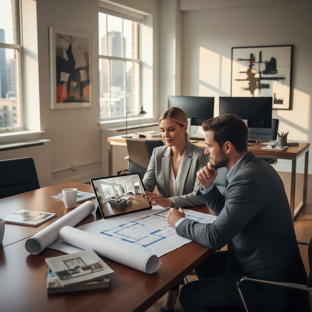 Two people in office discussing interior design drawing on tablet and paper floor plan layout