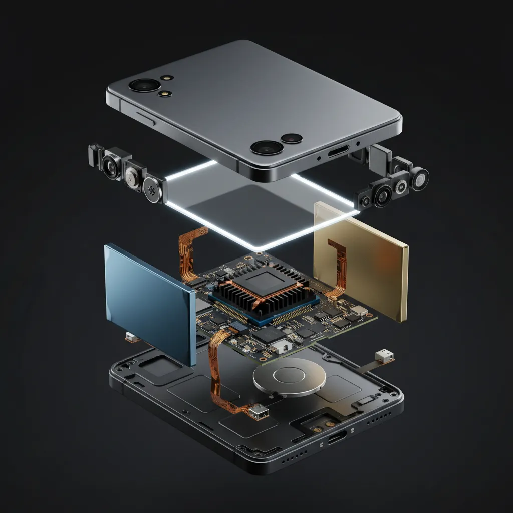 exploded view 3D render of a smart device showing internal components