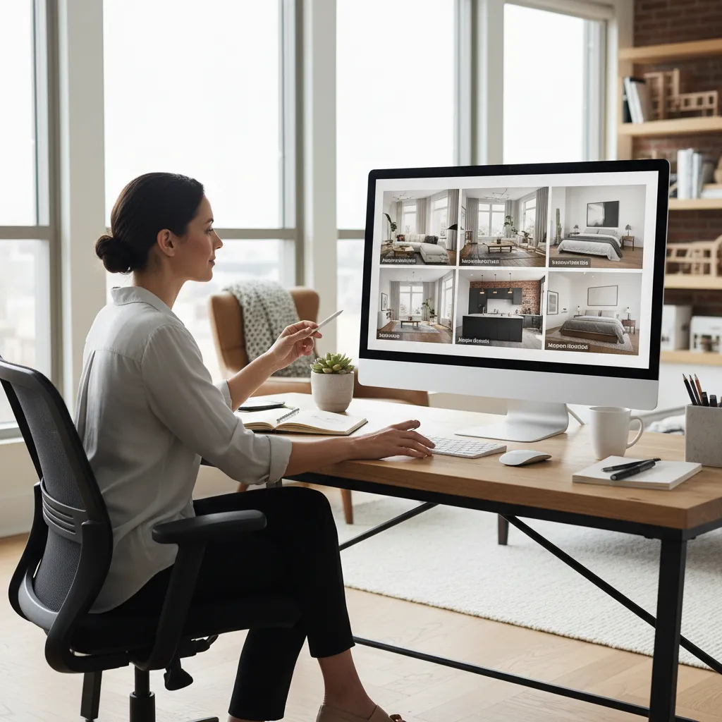 Woman looking at a computer screen displaying different interior design drawings of various house rooms