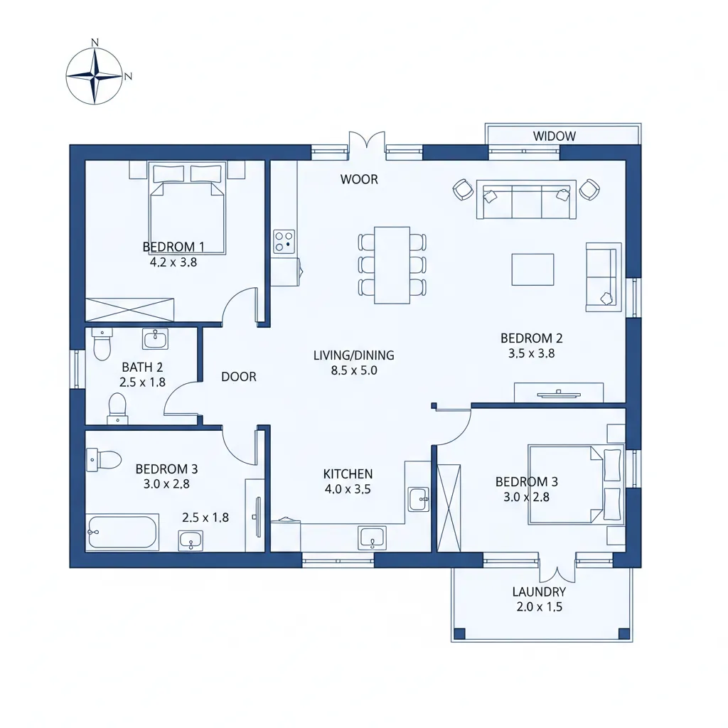 Clean architectural floor plan with measurements prepared for builders