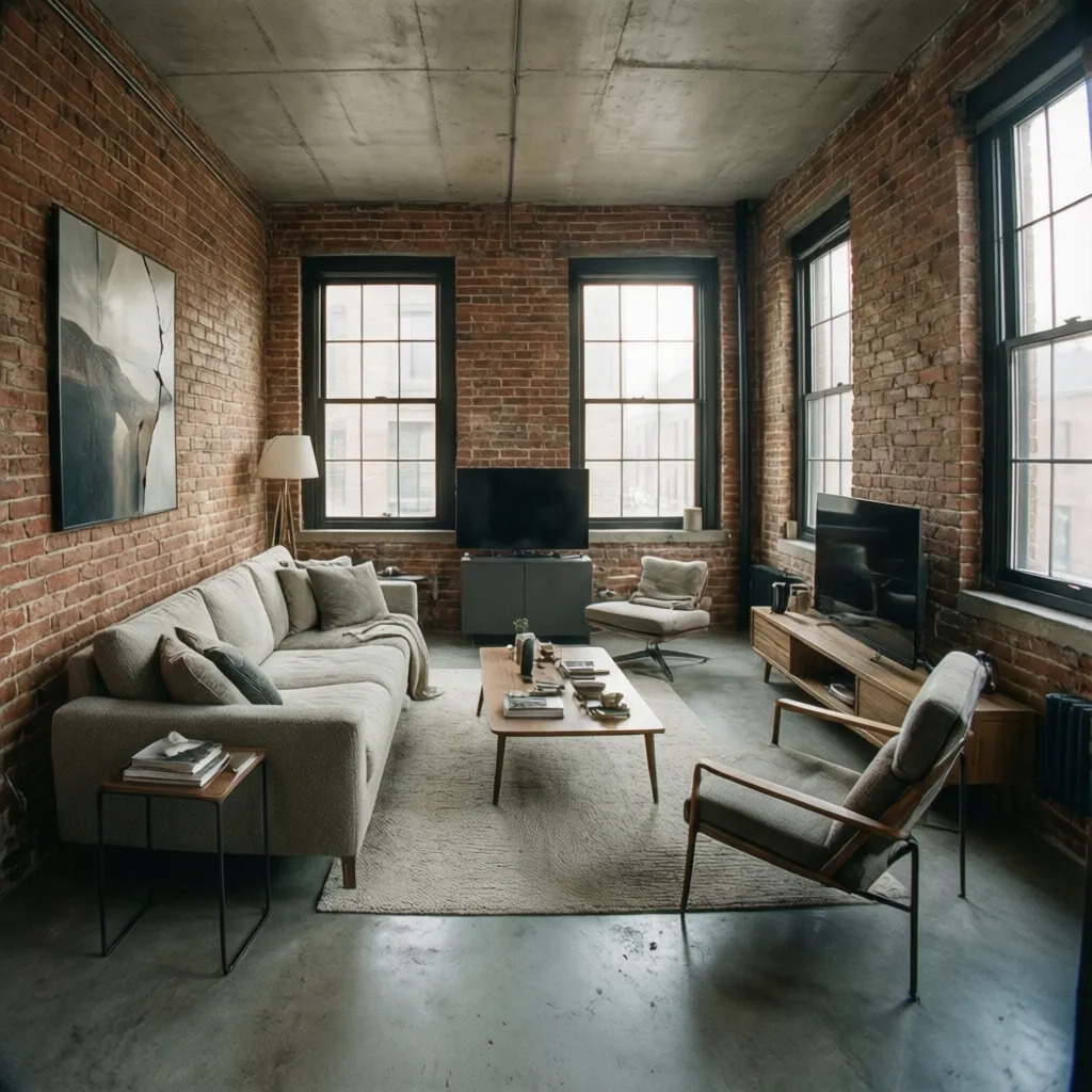 Interior con pared de ladrillo visto y suelo de hormigón