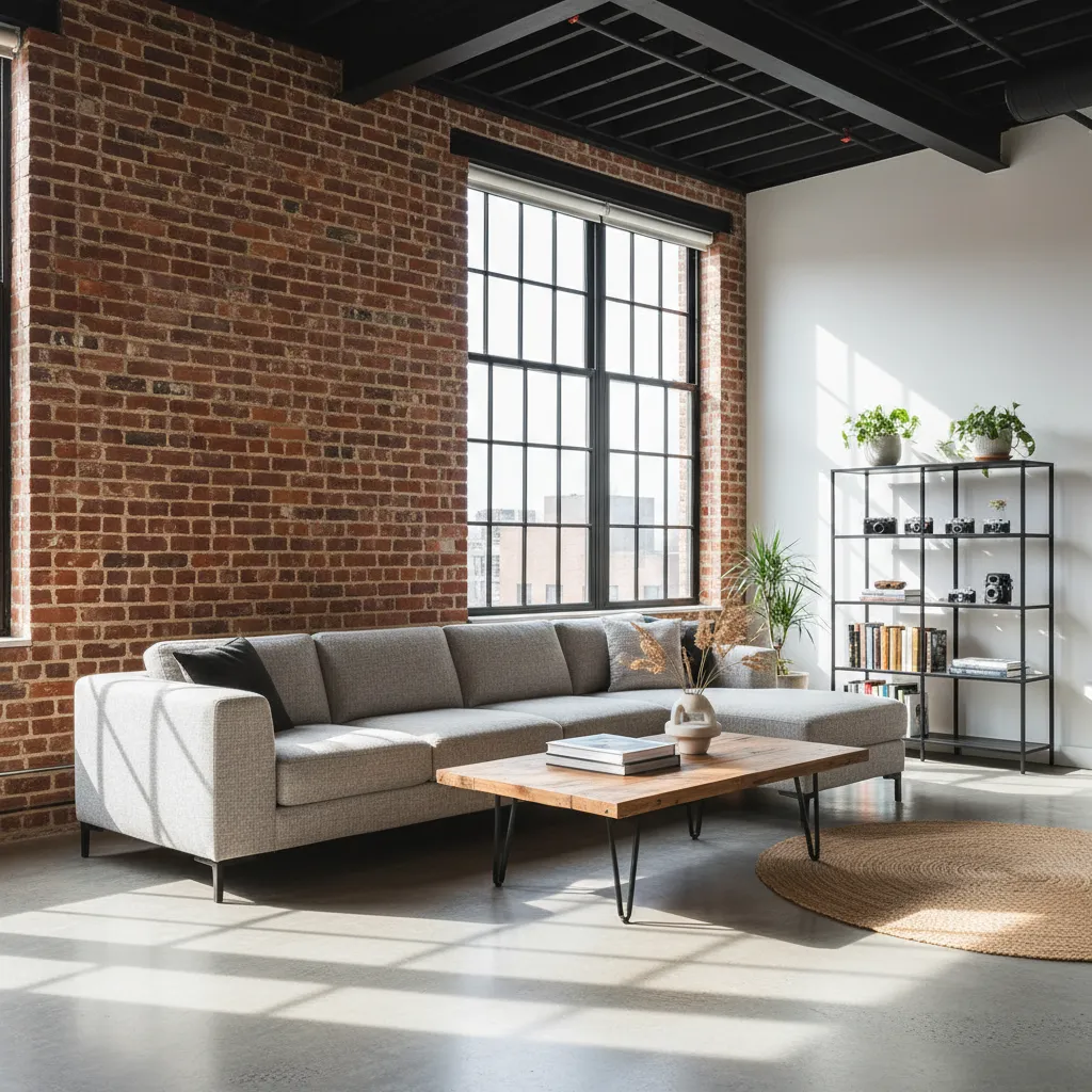 Living room interior with authentic exposed brick wall and modern furniture