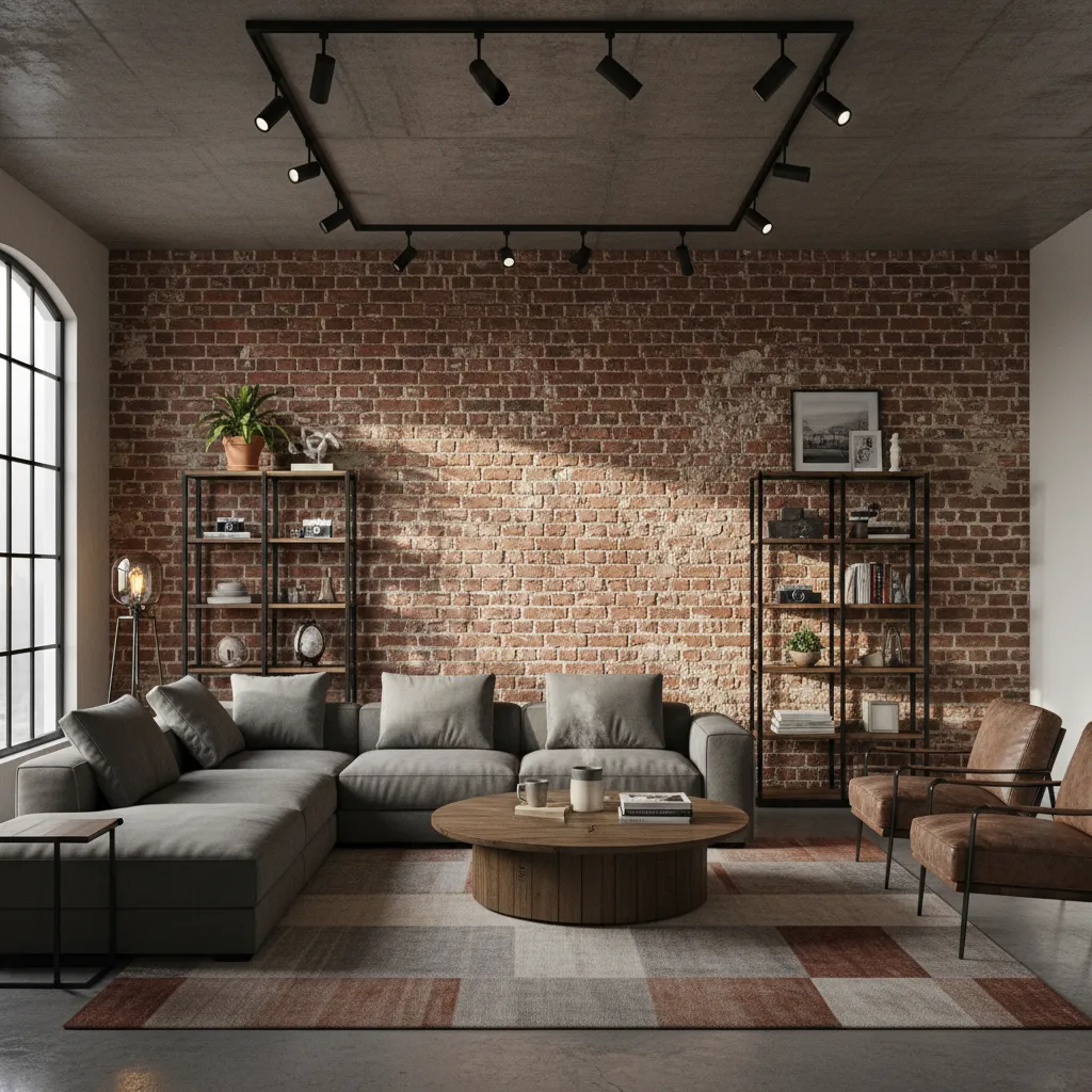 Living room with exposed brick wall illuminated by angled lighting