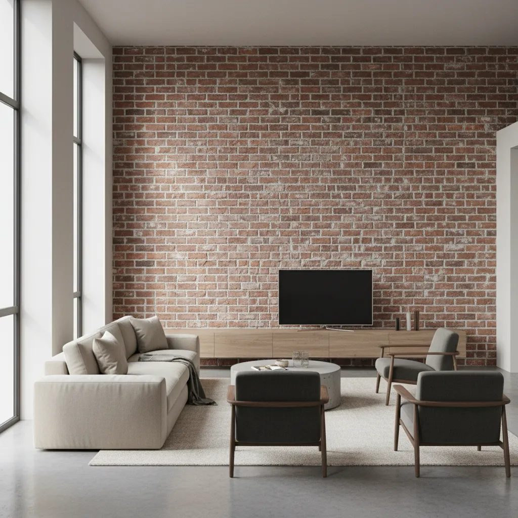 modern living room featuring a large exposed brick interior wall