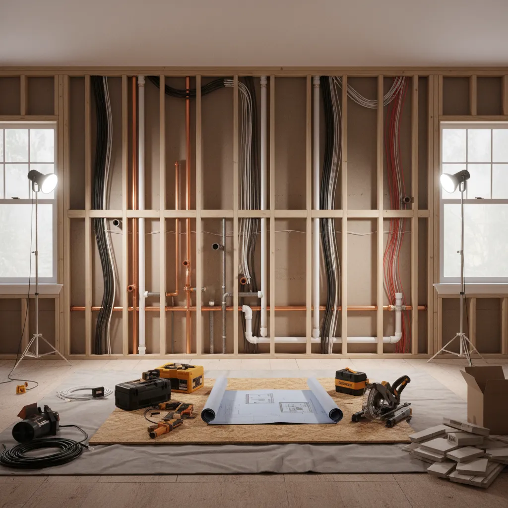 Wall opened during renovation revealing plumbing pipes and electrical wiring