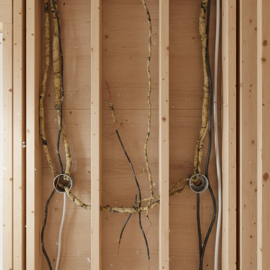 Exposed electrical wires and metal outlet boxes installed between wooden wall studs during home renovation