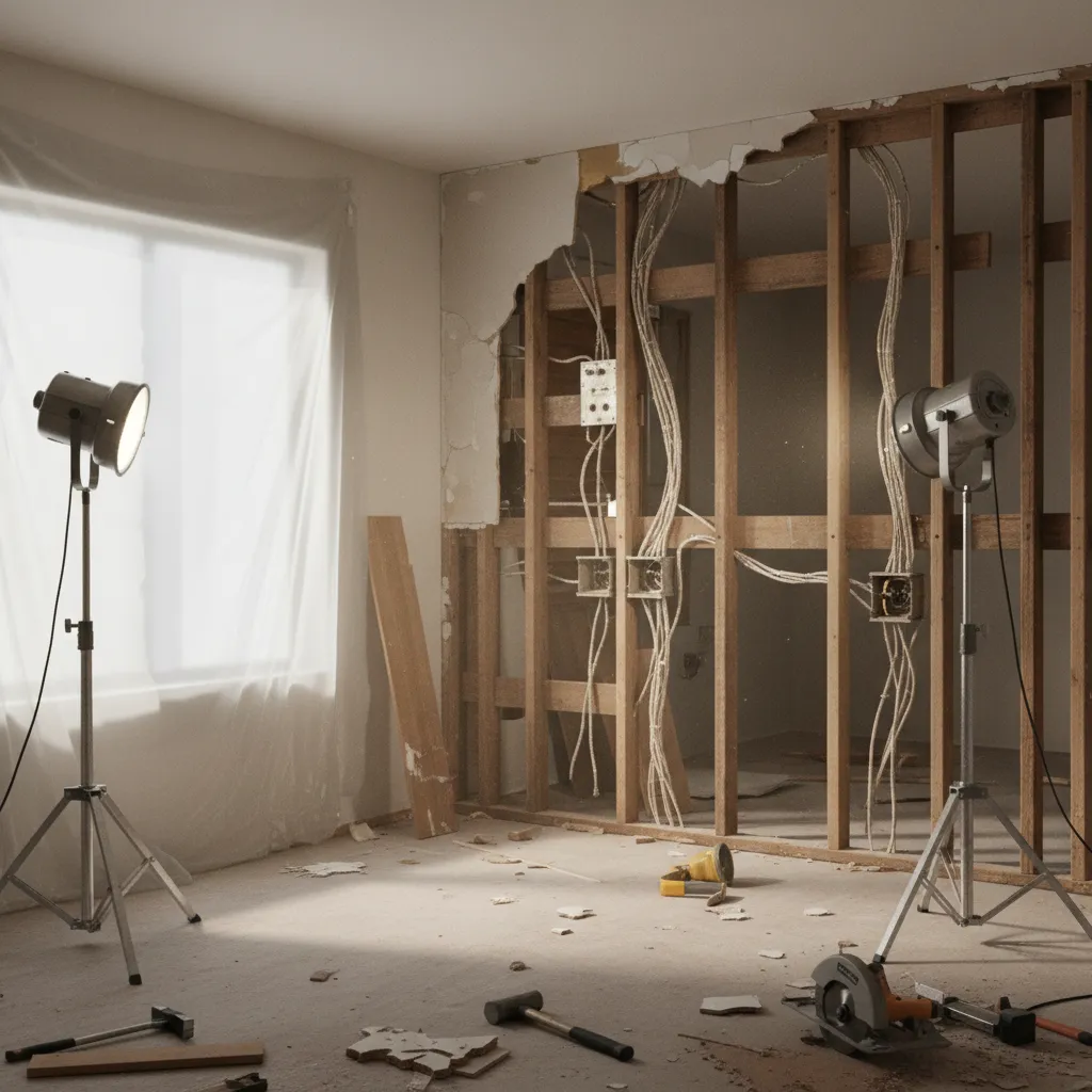 Exposed outdated electrical wiring inside kitchen wall during renovation
