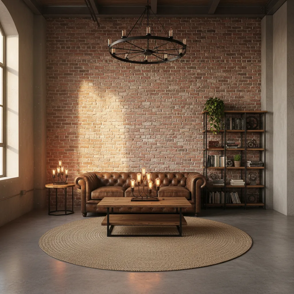 Pared de ladrillo visto natural en un salón estilo industrial