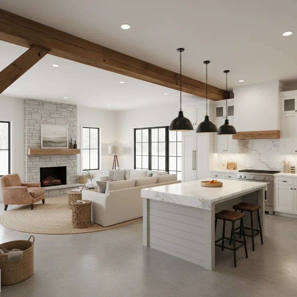 Exposed wood beam separating open kitchen and living room