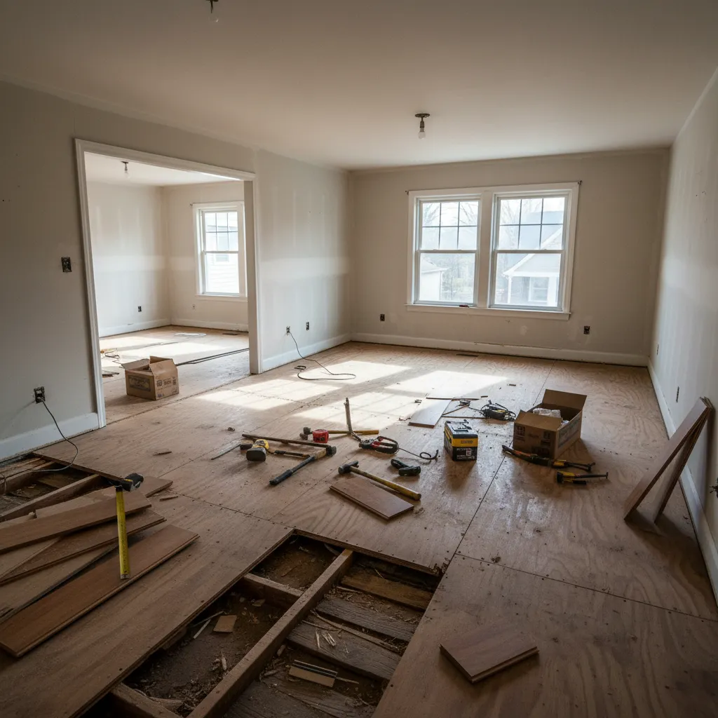 Exposed plywood subfloor after old flooring removal showing repair areas
