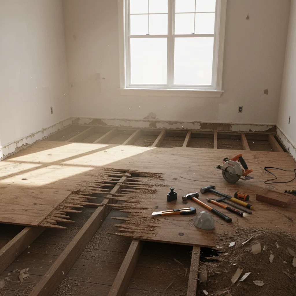 Damaged wooden subfloor exposed after hardwood floor removal