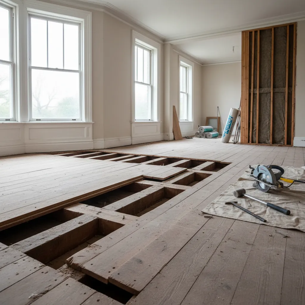 exposed wooden subfloor and removed hardwood planks in an old house renovation