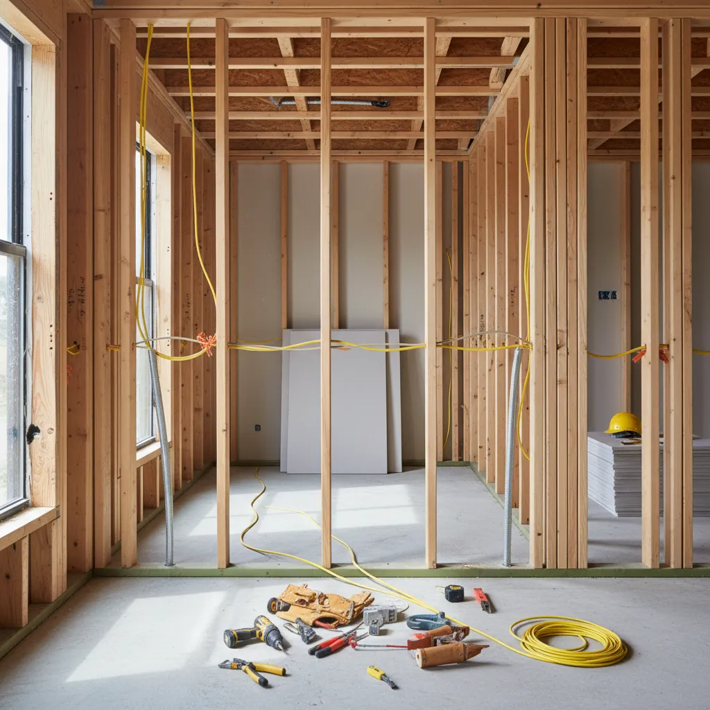 Open wall showing electrical wires and framing during house rewiring