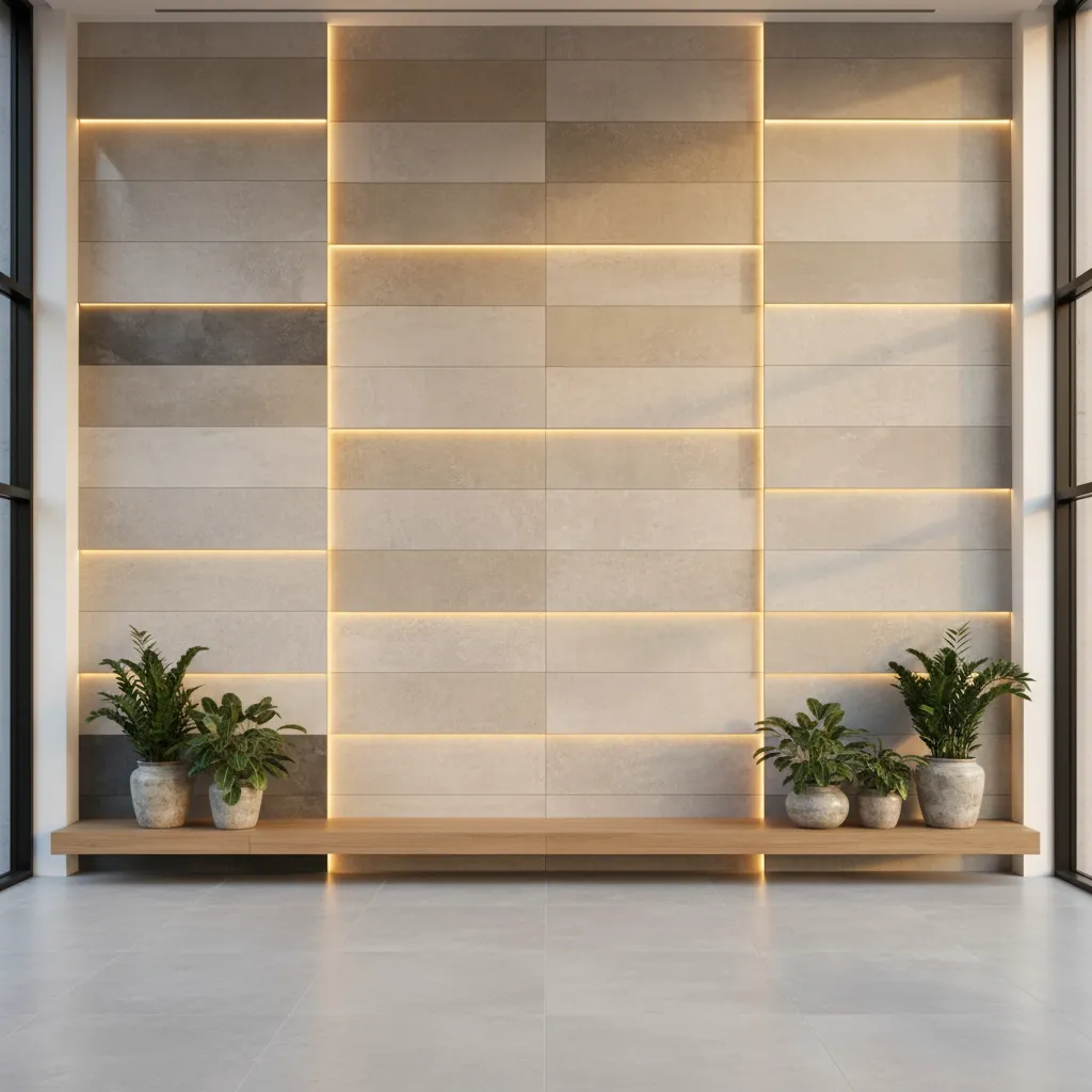Paneles grandes de cerámica expuestos en una tienda de interiorismo