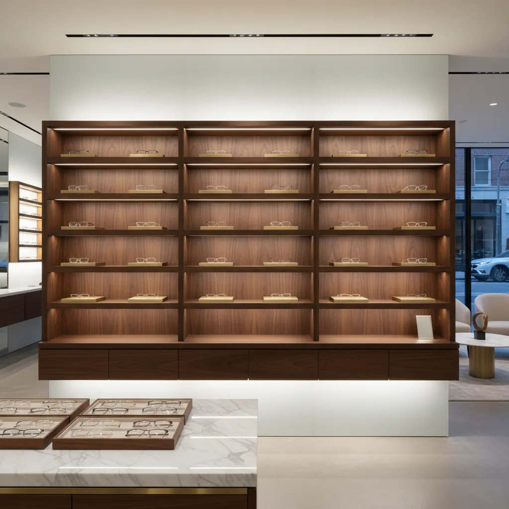 Dark wood shelves with lights displaying glasses above a white marble counter in modern store