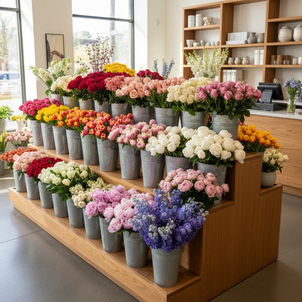 Interior of a flower shop with many colorful flowers in metal buckets on wooden stands