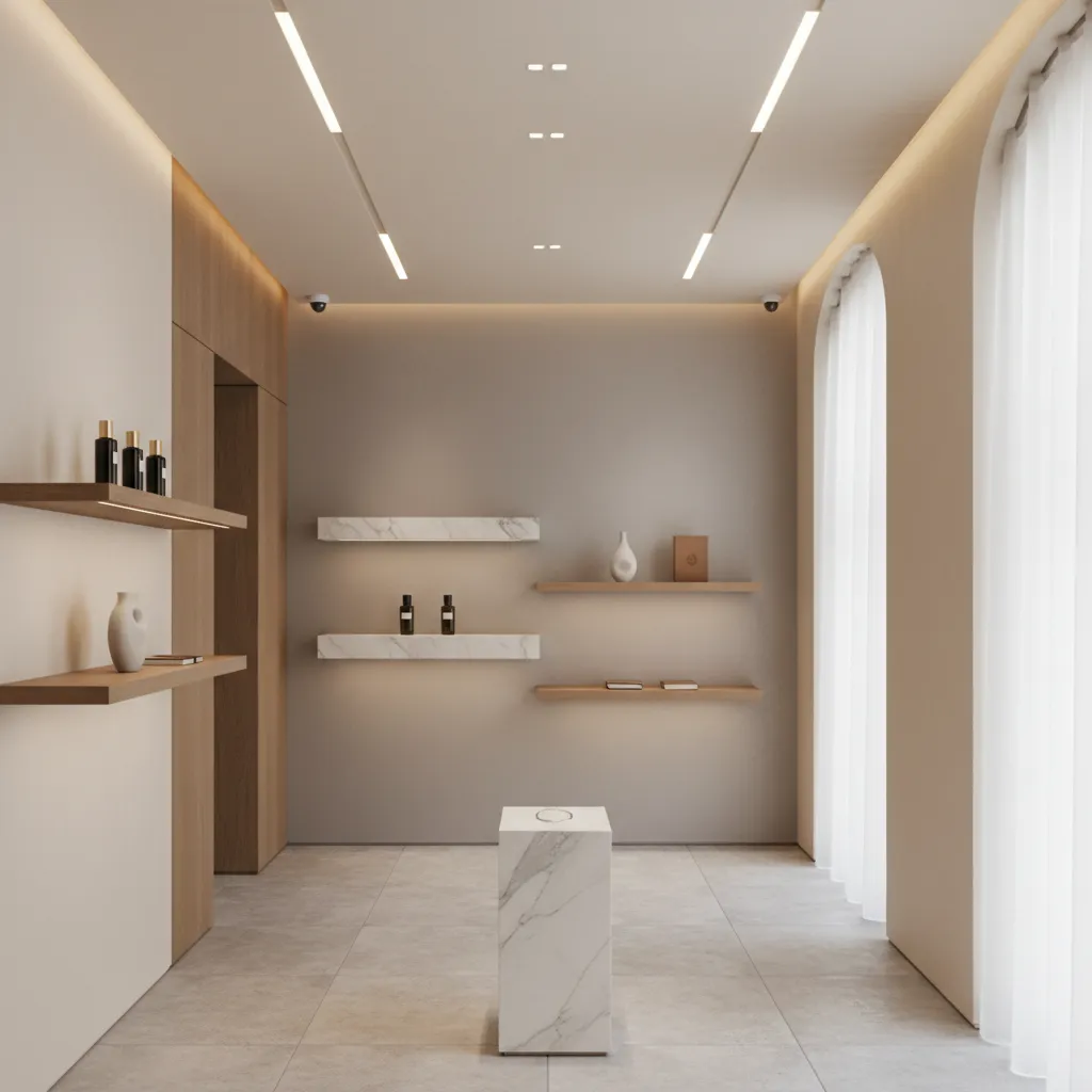 Exposición minimalista de productos en una tienda moderna