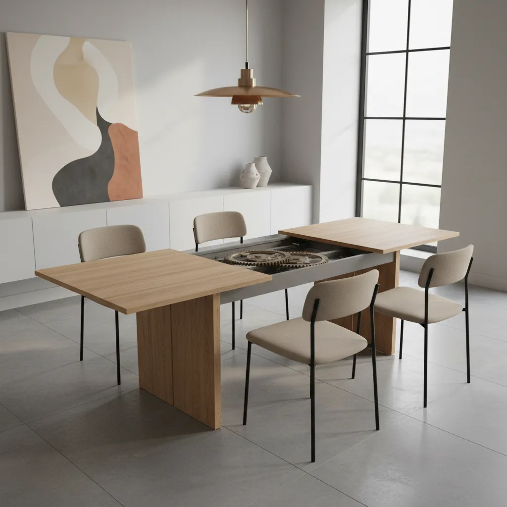Extendable dining table partially expanded showing extension mechanism