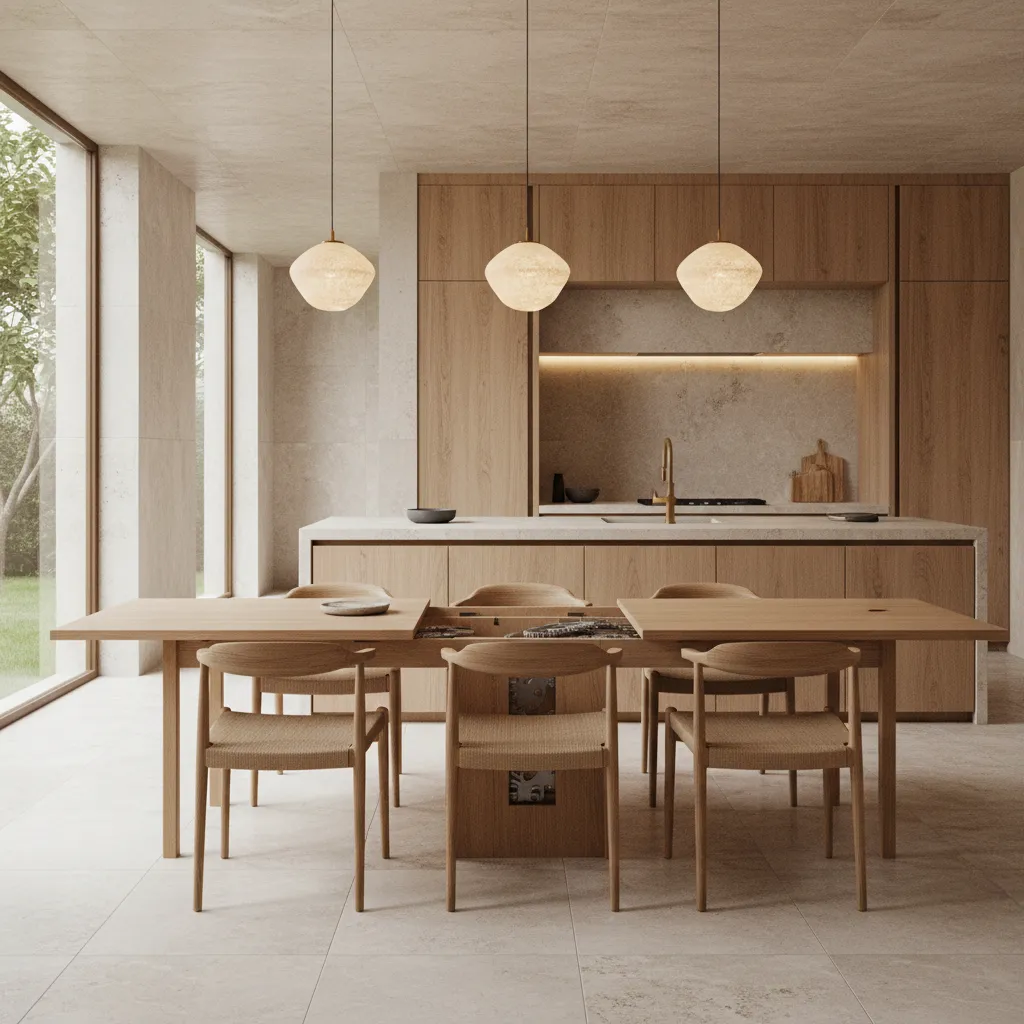 Extendable kitchen dining table expanded to seat six people